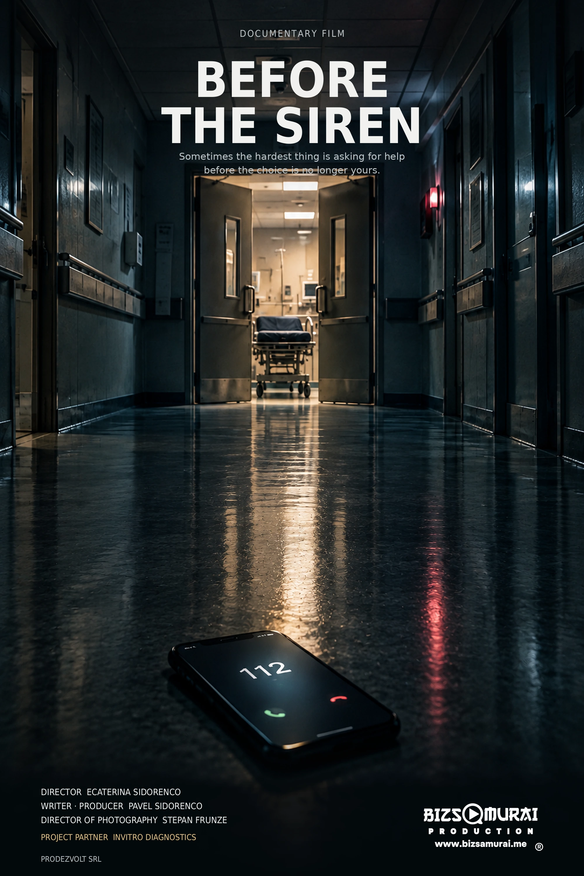 Concept poster for the documentary Before the Siren: an empty corridor, an open door and a phone showing 112. Not a still from the film.