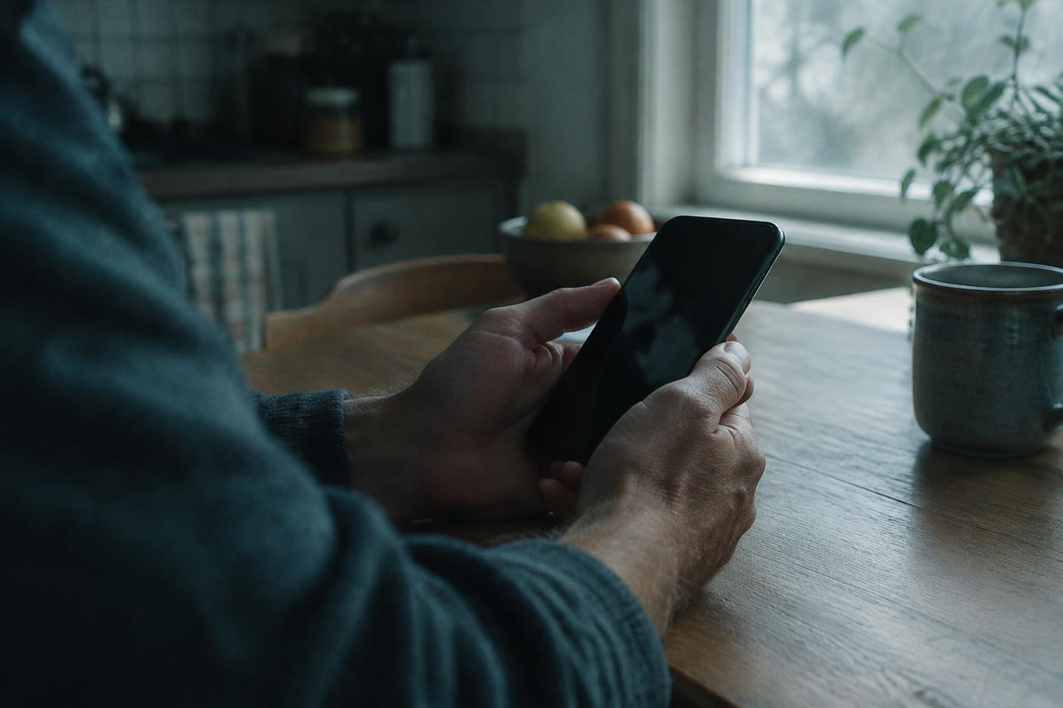 Previs: mâini cu telefonul pe masa din bucătărie